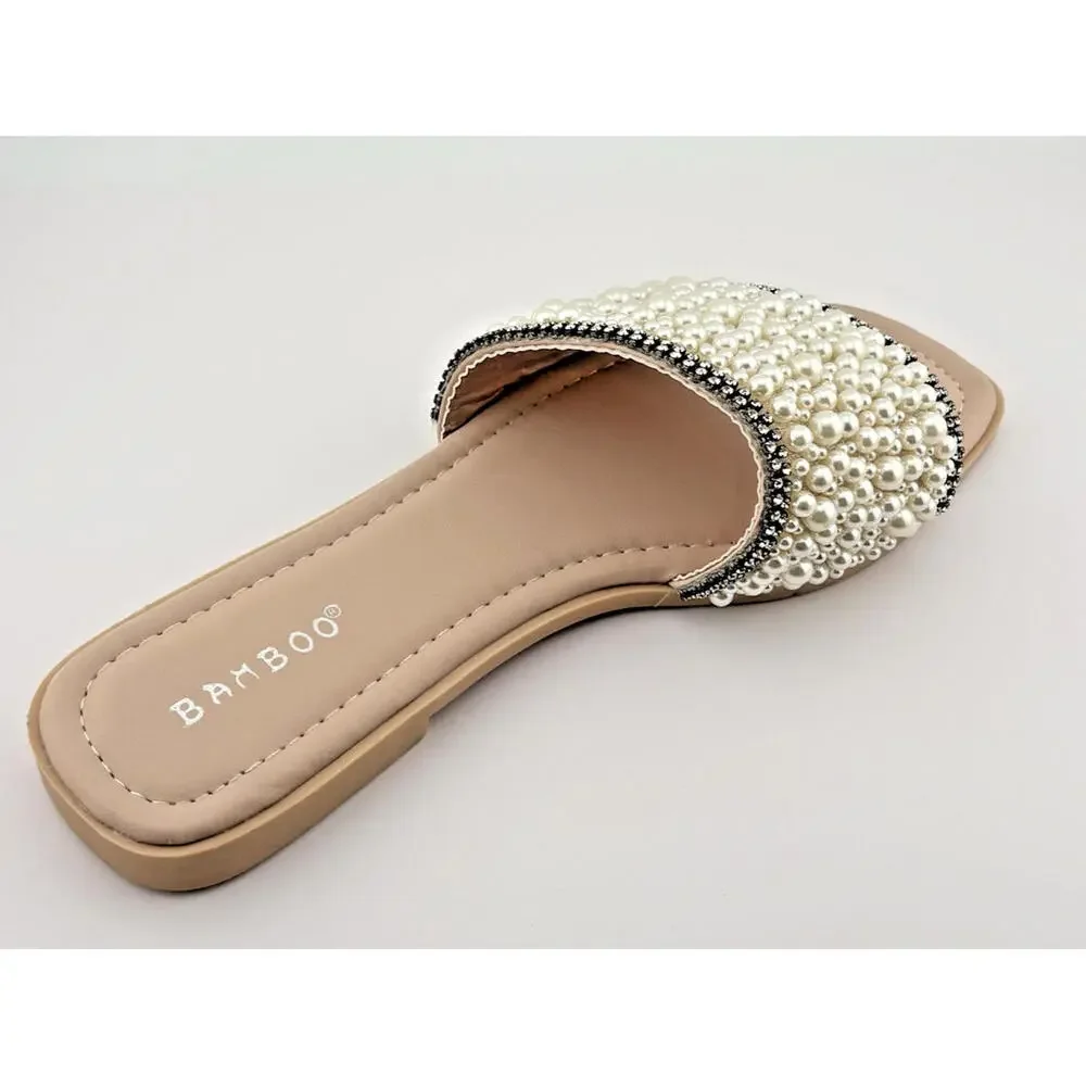 New Women's Jeweled Rhinestone Pearl Slide Flat Jelly Sandal Open Toe - Size 6.5